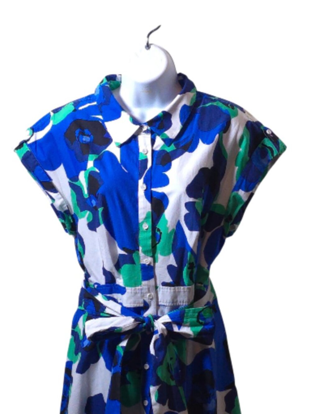 Eliza J Blue Floral Shirt Dress Size 12 Cotton Tie Waist Button Front Midi - Picture 3 of 13